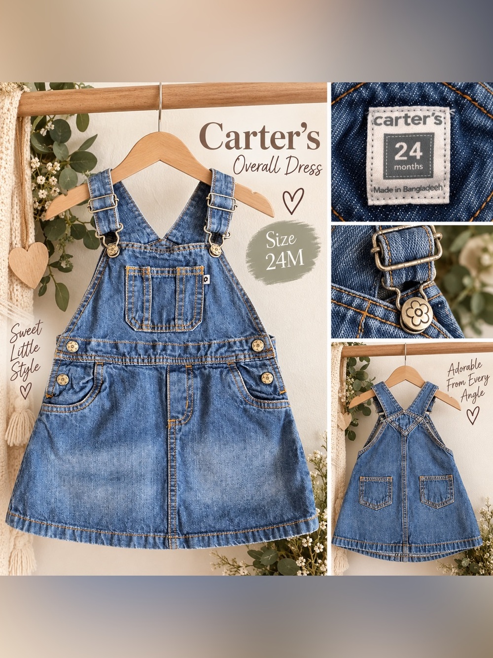 Carter’s Girls Denim Overall Dress 24M – Adjustable Straps & Pockets